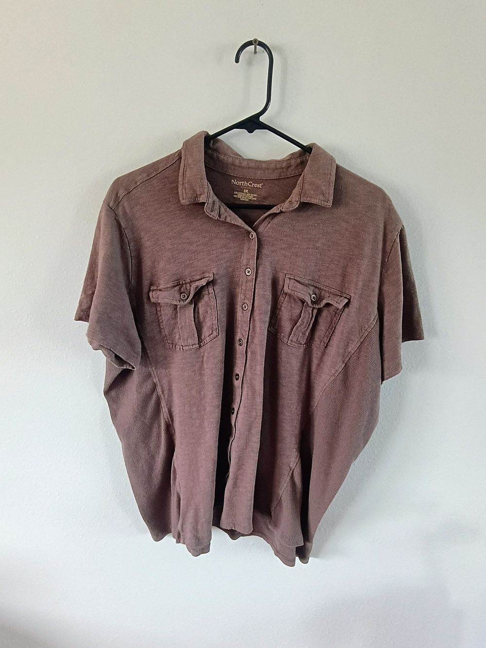 NorthCrest Outdoor 3X Taupe Button Front Utility Knit Top Plus Size Casual